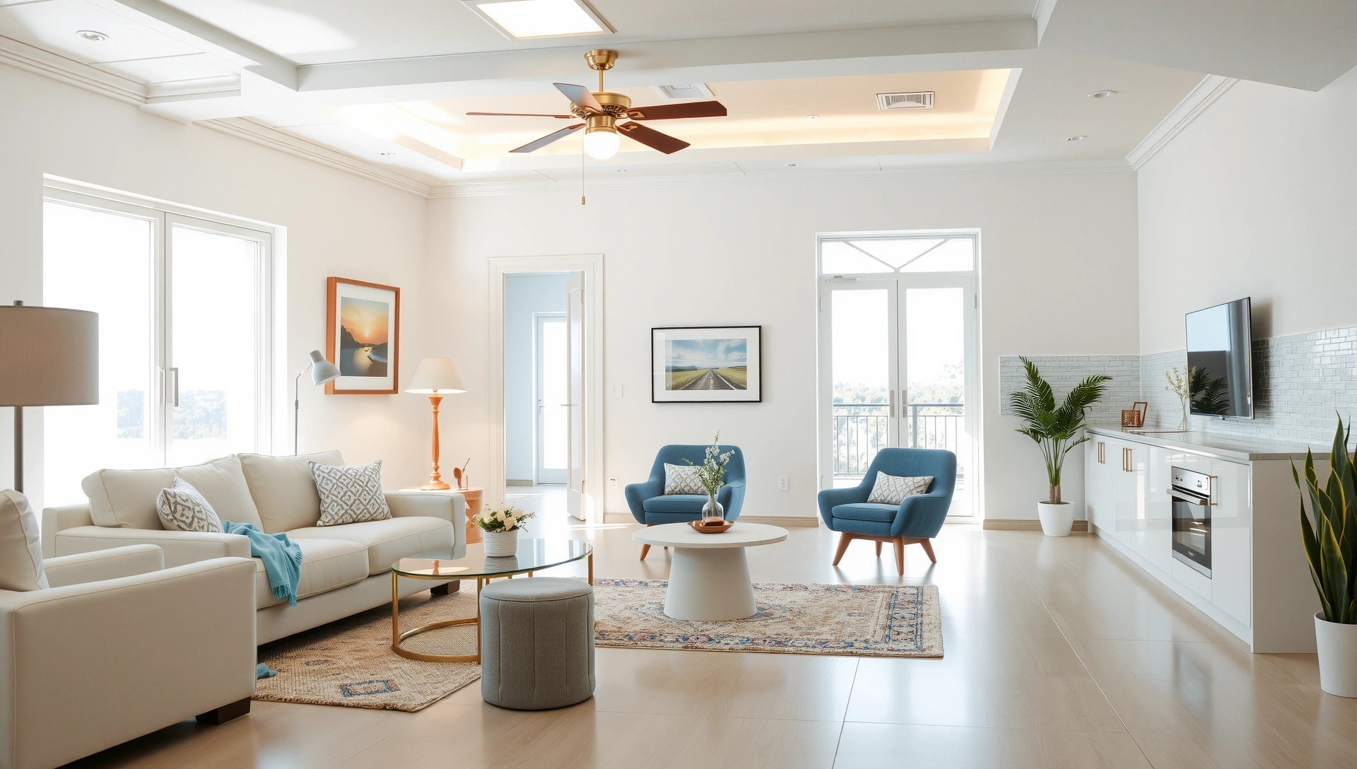 Interior modern de casă curățat profesional, suprafețe strălucitoare