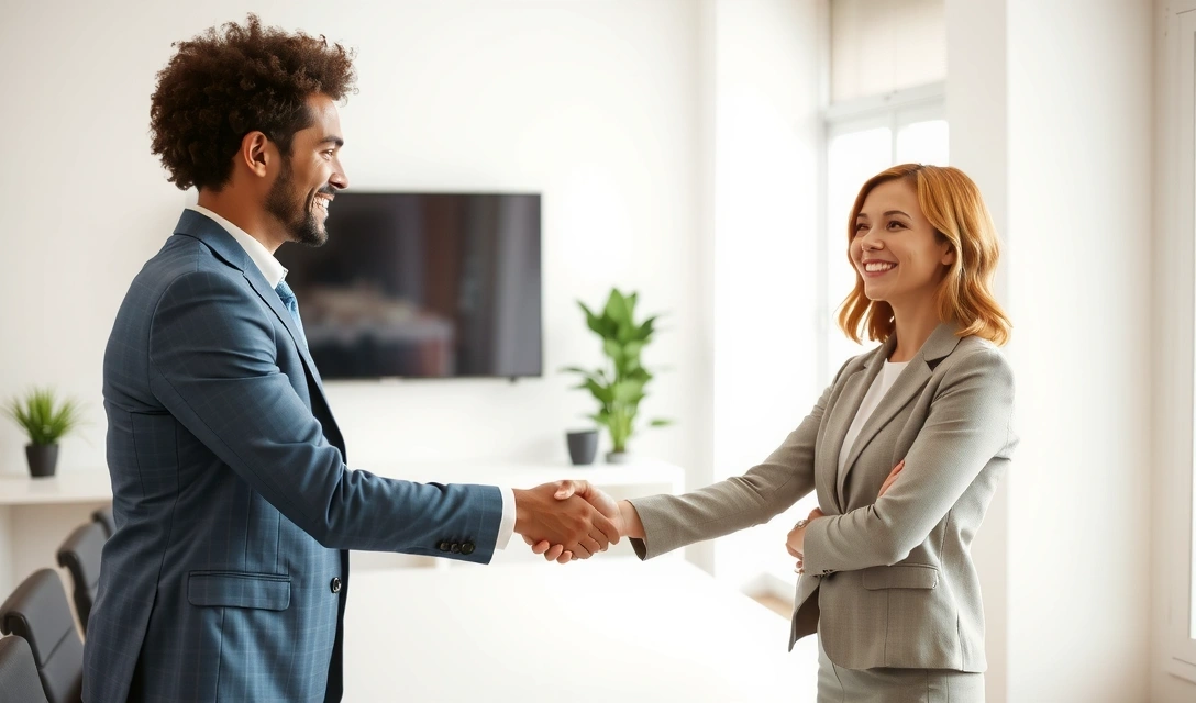 Un candidat zâmbitor la un interviu, dând mâna cu un recrutor într-un birou modern