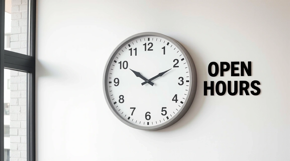 Ceas de perete modern indicând orele de deschidere