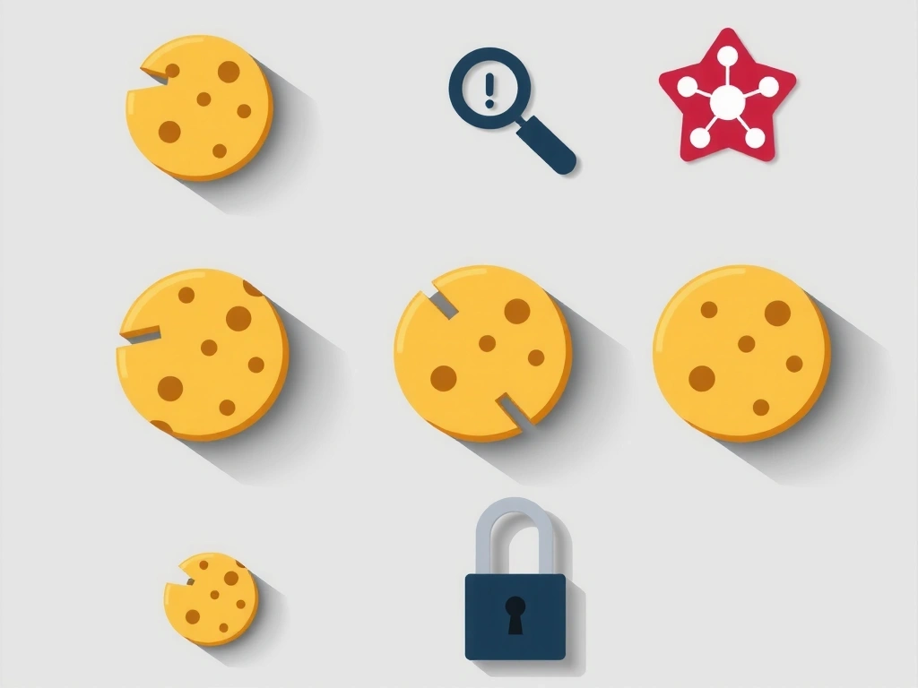 Ilustrație cu diverse tipuri de cookie-uri digitale și simboluri de confidențialitate, reprezentând securitatea datelor și navigarea pe internet.