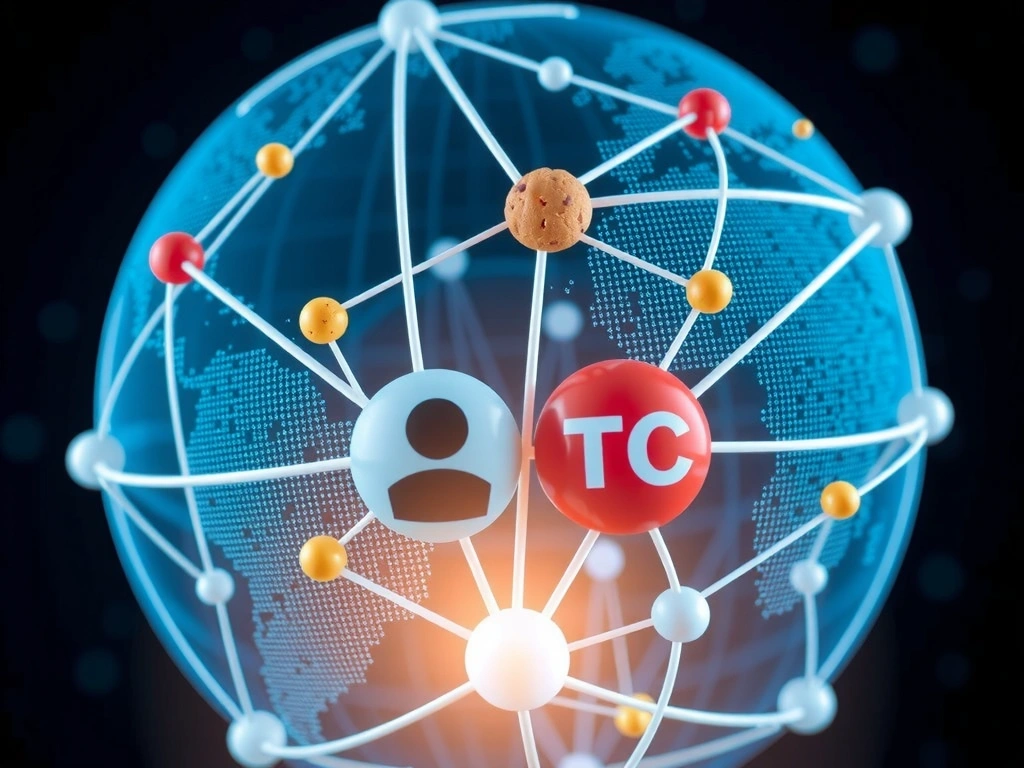 Ilustrație abstractă a unei rețele de date globale cu conexiuni între noduri, simbolizând interacțiunea dintre cookie-uri și servicii terțe.