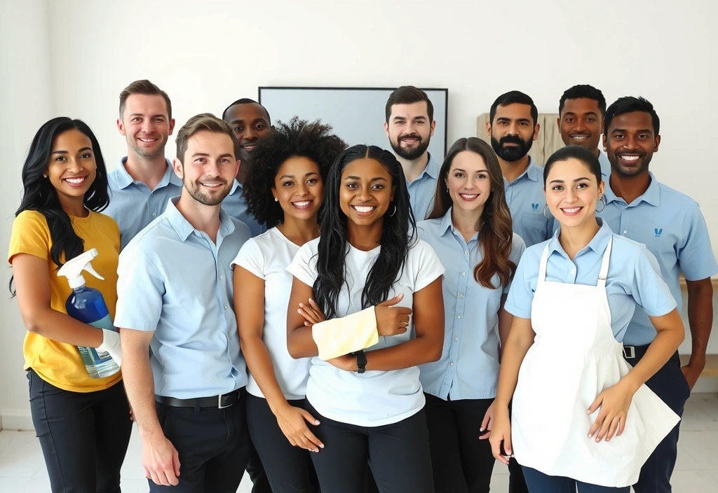 Diverse group of professional cleaners in clean uniforms, smiling