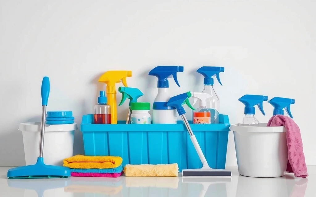 Echipament profesional de curățenie aranjat impecabil, simbolizând eficiența și calitatea.