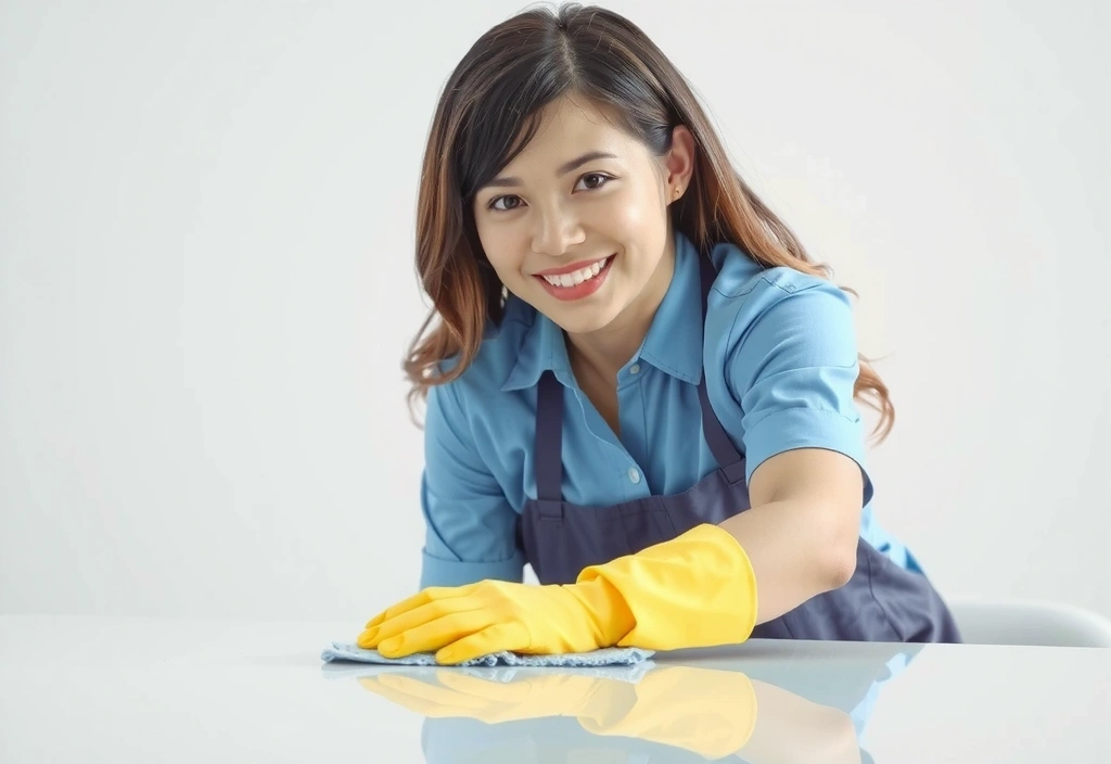 Femeie zâmbind în timp ce curăță o suprafață lucioasă, simbolizând servicii de curățenie de înaltă calitate.