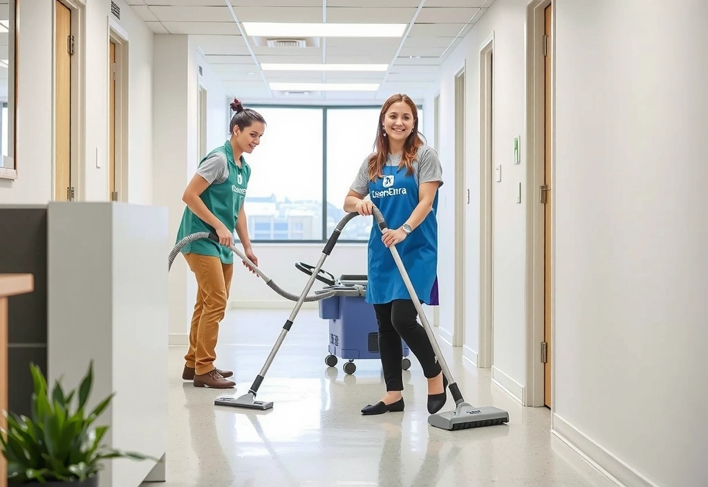Echipa CleanEraura executând o curățenie profundă într-un spațiu modern, cu echipamente profesionale și zâmbete pe fețe.