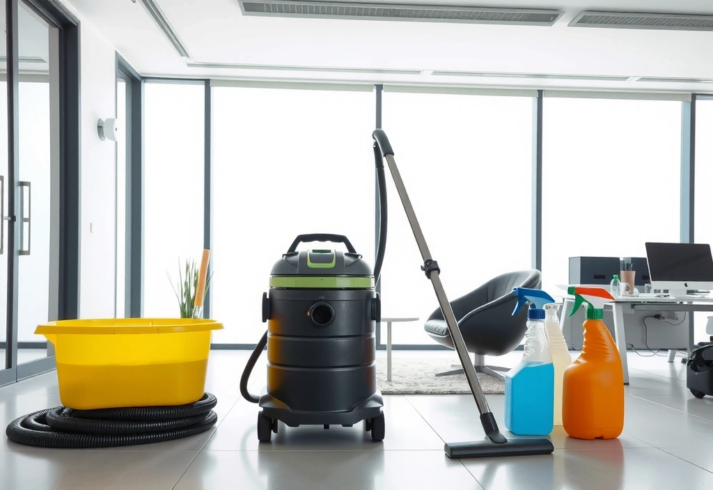 Echipament de curățenie profesională într-un birou curat