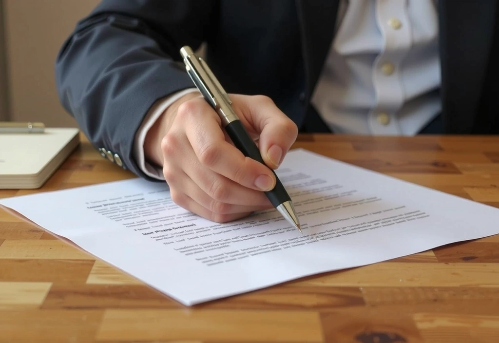 Mână care semnează un contract, simbolizând acceptarea termenilor și condițiilor